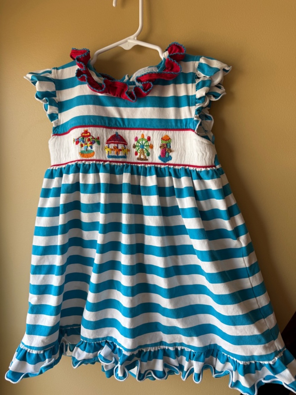 Smocked Carousel Dress | Turquoise Stripe | Size 4T | Boutique